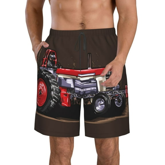 Logiee red tractor Print Mens Swim Trunks Quick Dry Board Shorts,Breathable Hawaii Beach Shorts Swimwear Bathing Suits-Small