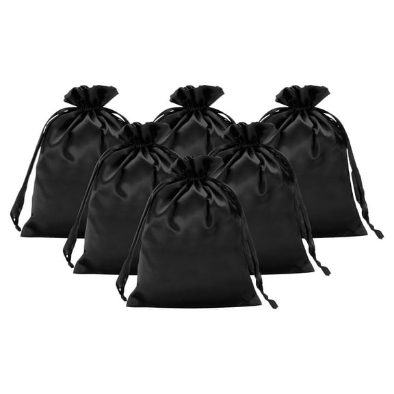 Uxcell Satin Gift Bags, 6 Pcs 8 x 6 Inch Wedding Favor Drawstring Bags with Drawstring for Birthday Christmas Jewelry Party, Black