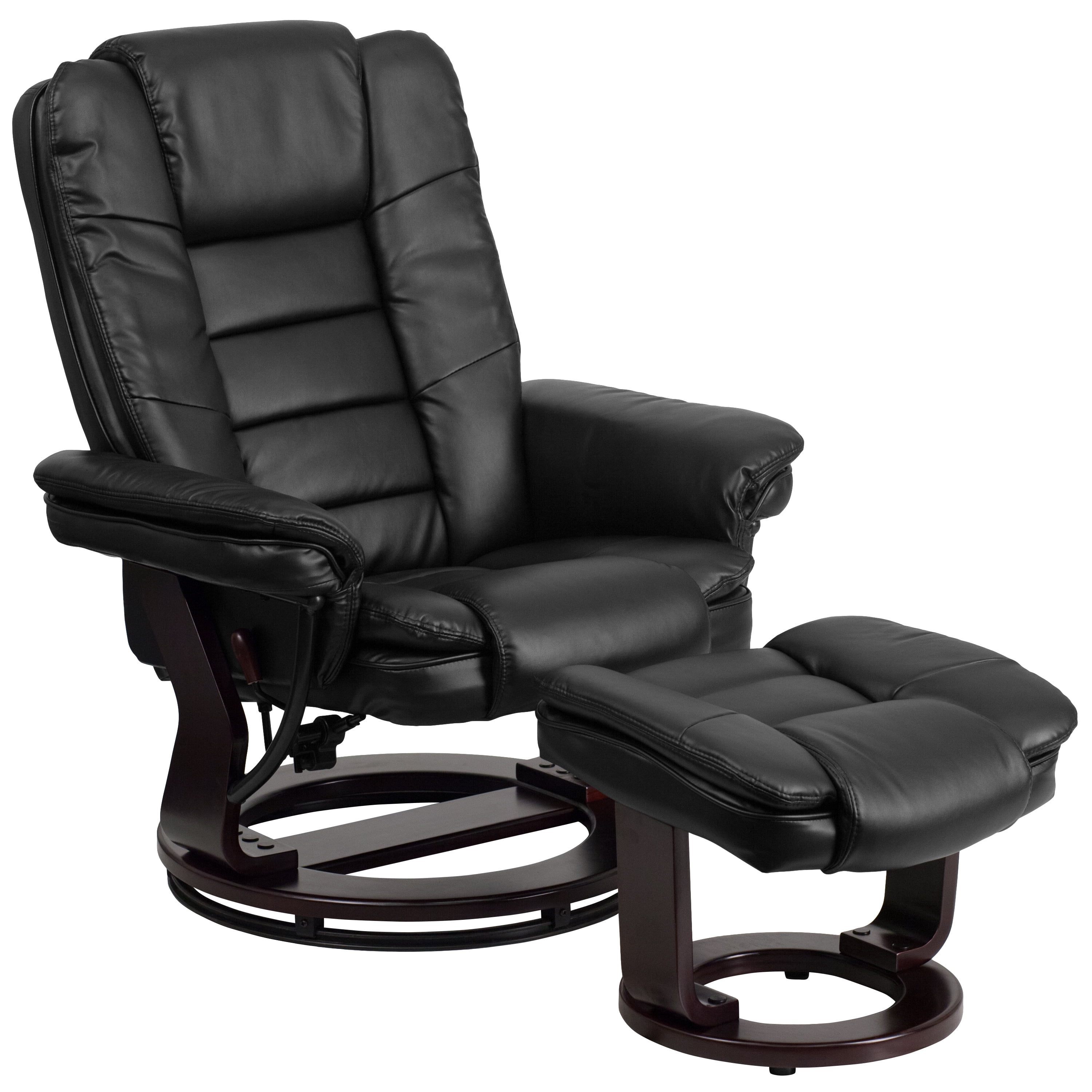 BizChair Contemporary Multi-Position Recliner with Horizontal Stitching and Ottoman with Swivel Mahogany Wood Base in Black LeatherSoft