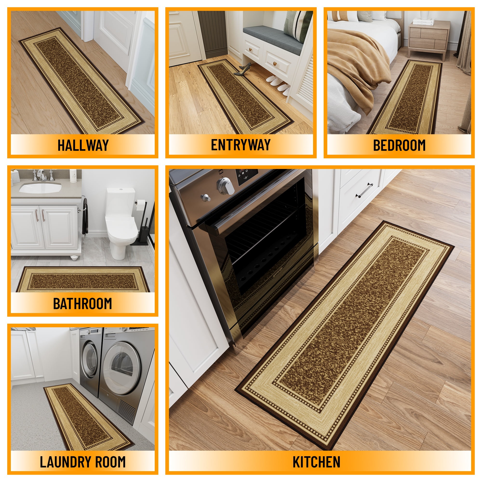 Ottomanson Border Bathroom Runner Rug 20" x 53" - Non Slip Low Pile Carpet, Brown