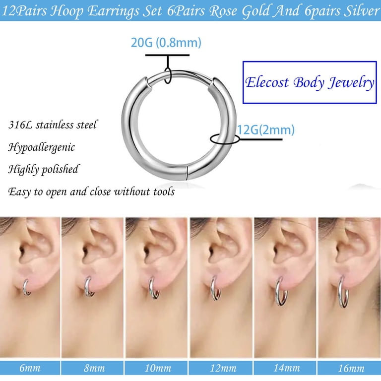 12 Pairs Adults 316L Surgical Stainless Steel Huggie Hoop Earrings