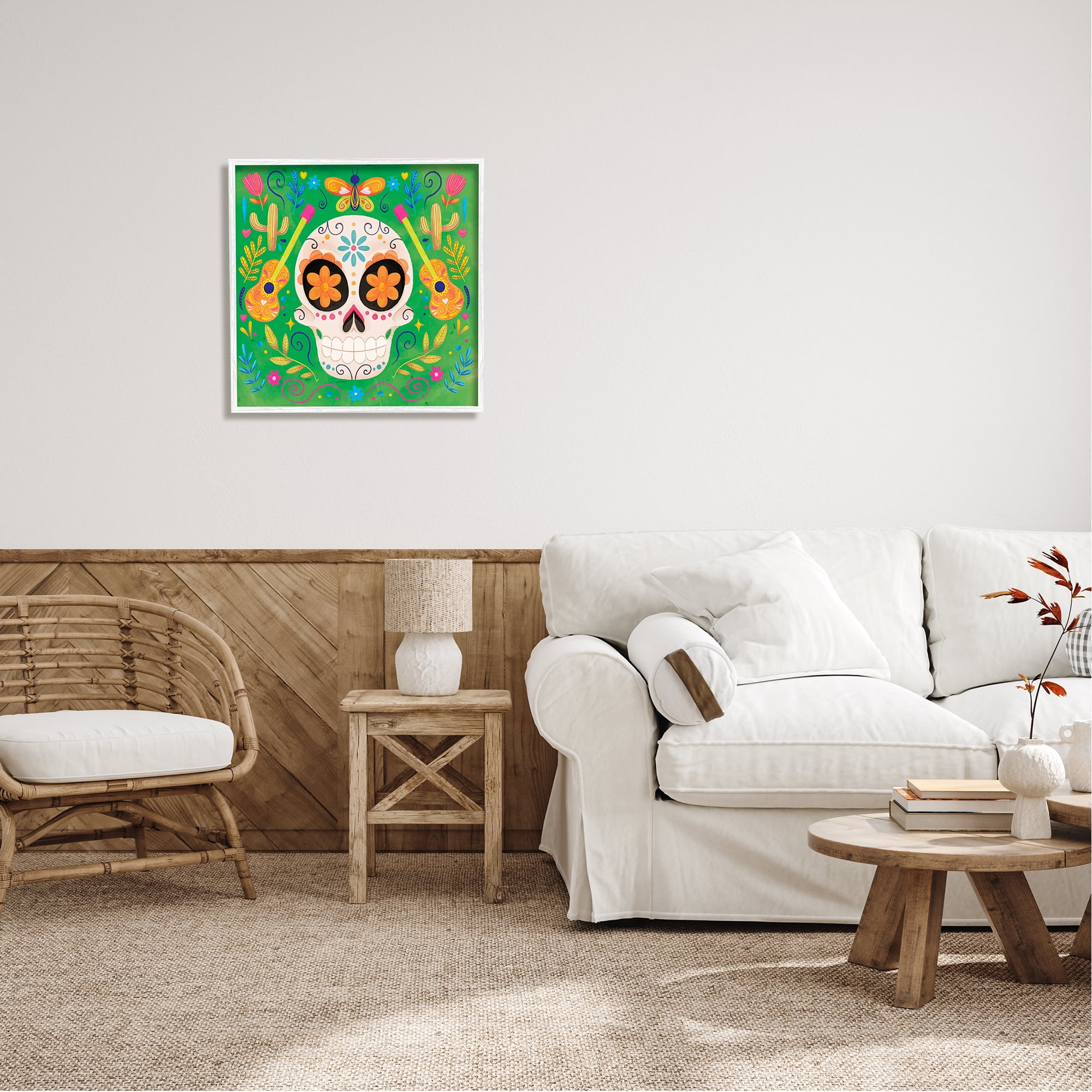 Stupell Industries Floral Day Of Dead Guitar Skull Holiday Painting White Framed Art Print Wall Art