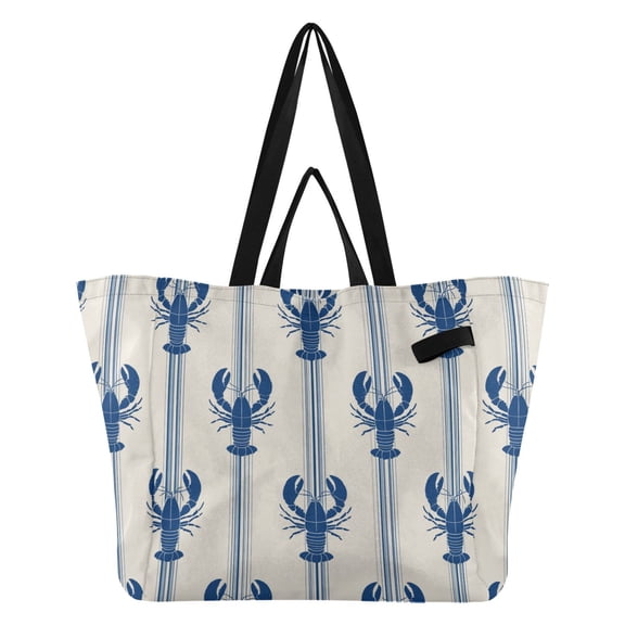 Blue Stripes with Lobsters Foldable Canvas Tote Bags Reusable Grocery Bags Laundry Bags Beach Bag 32L