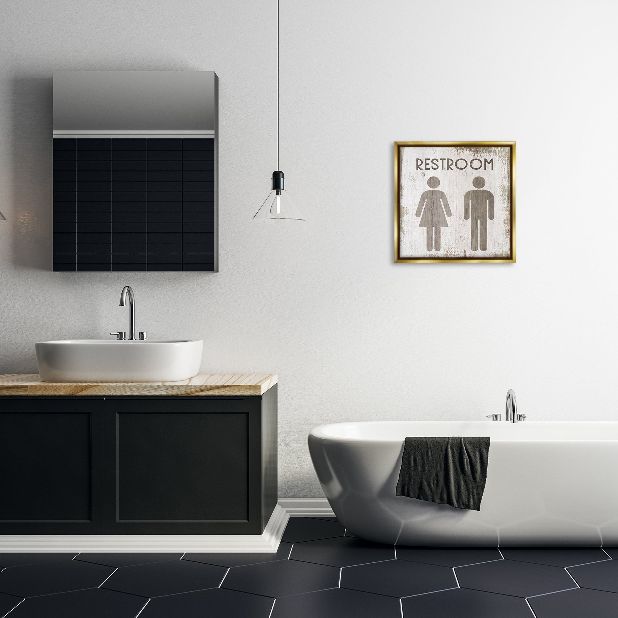 Stupell Industries Vintage Restroom People Silhouettes Typography Painting Gold Floater Framed Canvas Art Print Wall Art, 18 x 18