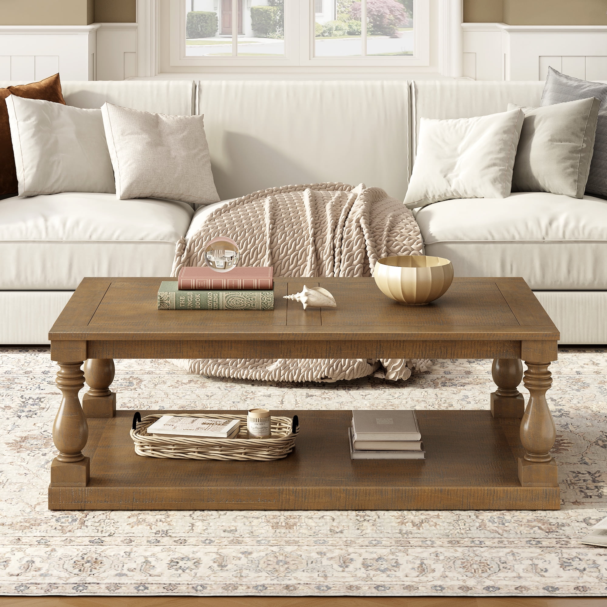 Euroco Vintage Coffee Table with Vase Column Legs, Pine Veneer Top and Solid Rubberwood Frame – Retro Living Room Center Table, Easy Assembly