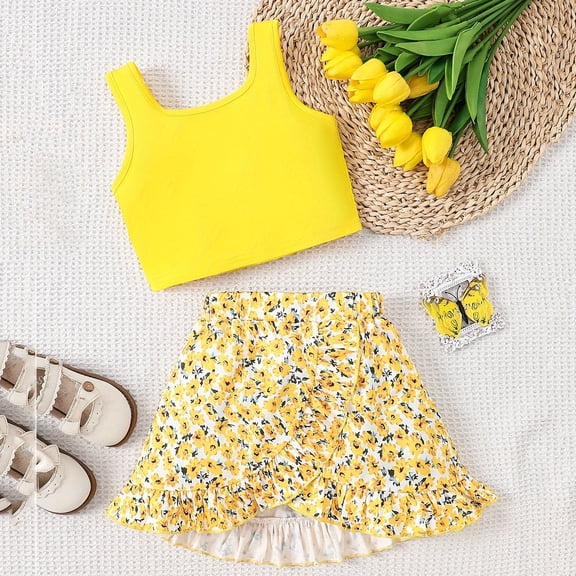 WPPGONE 2 Piece Little Girl Crop Tank Top and Skirt Set Floral Print Ruffle Hem Layered Skort Outfits Lightweight Breathable Summer Vacation Apparel Clothing
