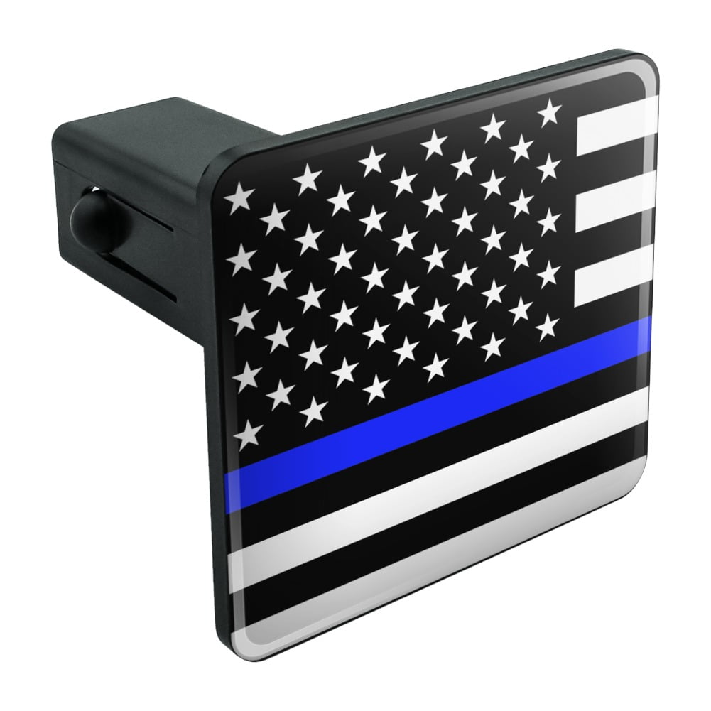 American Flag Metal Hitch Cover Plug Fits 2 Receiver, Black with Thin Blue Line