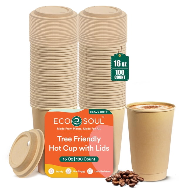 ECO SOUL 100 Pack 16 oz Disposable Coffee Cups with Lids Eco-Friendly, Biodegradable, Compostable, Leak-free & Sturdy To Go Hot D