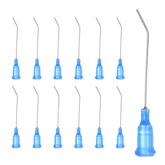 Agujas de dispensación anguladas Uxcell 22Ga, 25Pcs 1.5 pulgadas Punta roma curvada de 45° con aguja Luer Lock para rellenar tintas líquidas, adhesivo, aceite, azul
