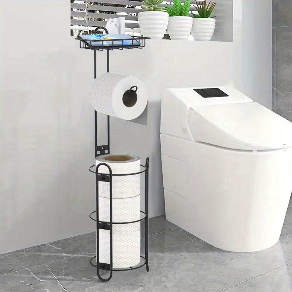 Bxaolu Toilet Paper Holder Free Standing – Rustproof Metal Toilet Paper Stand for 4 Rolls with Shelf for Phone & Small Items, Bathroom Organizers and Storage, Black