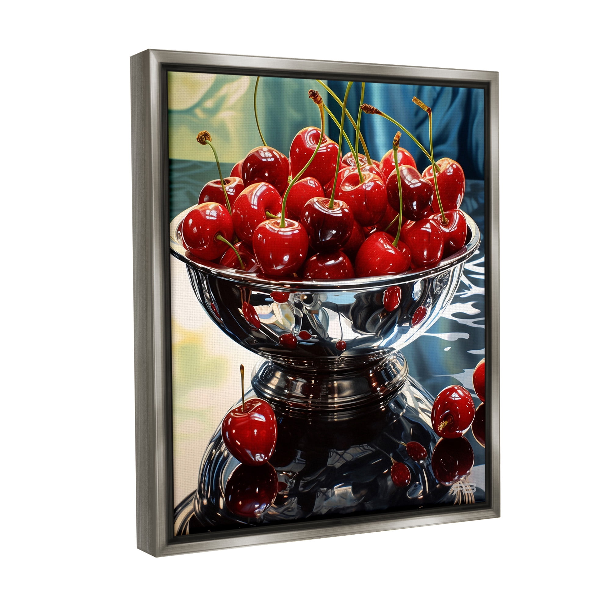 Stupell Industries Bowl of Cherries Reflection Food & Beverage Painting Gray Floater Framed Canvas Art Print Wall Art, 17 x 21