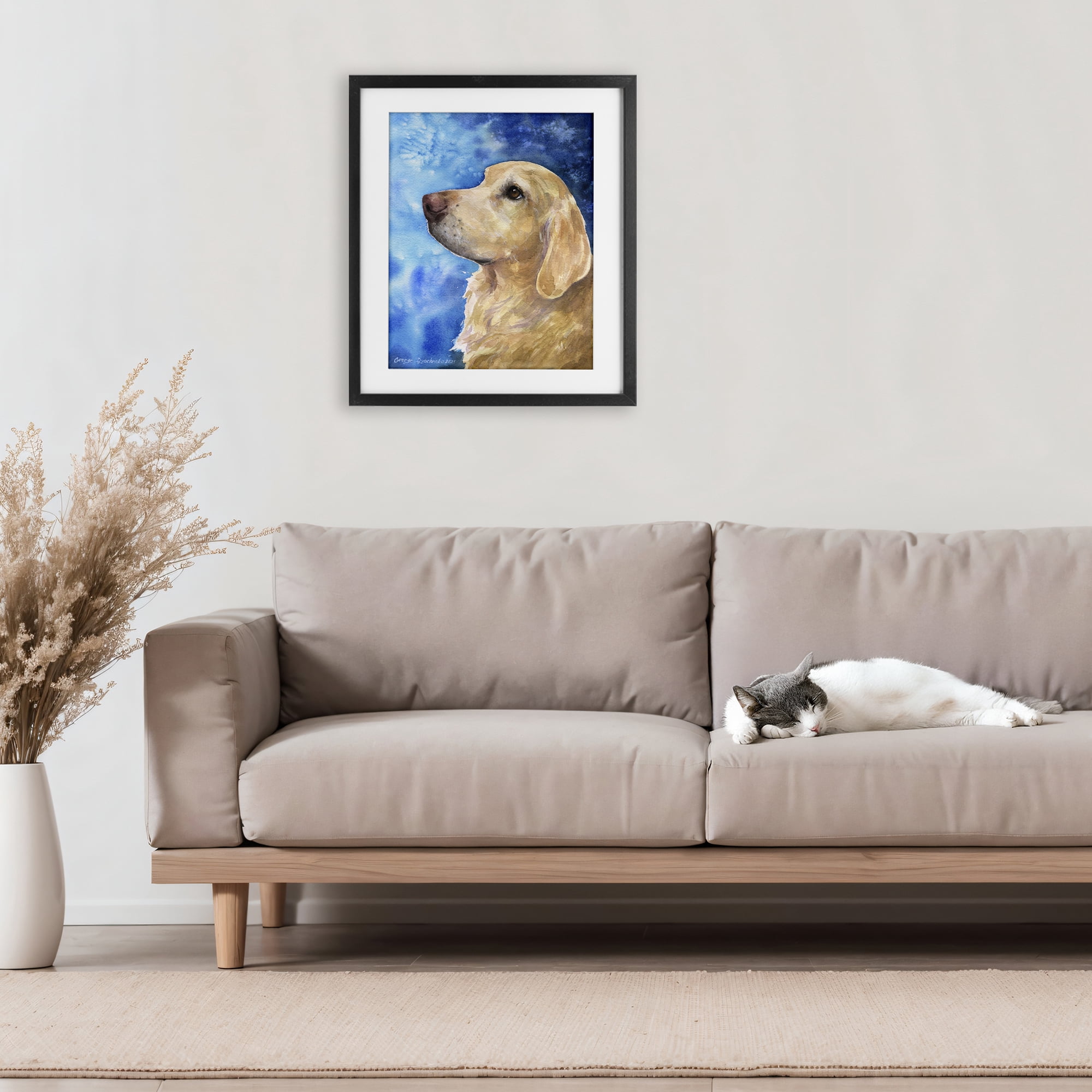 Stupell Industries Golden Retriever Portrait on Azure Black Framed Print Under Glass, design by George Dyachenko