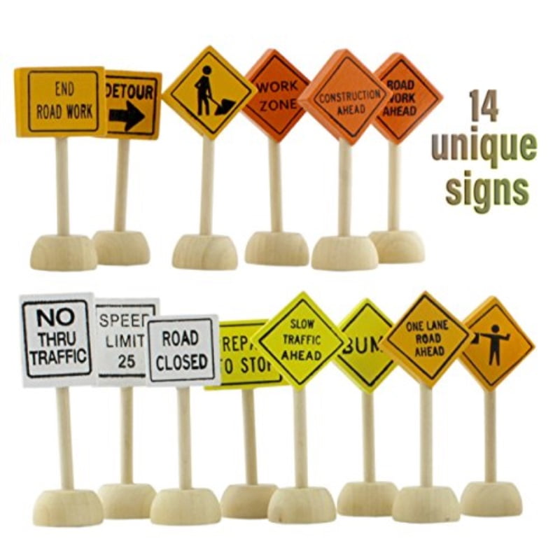 Toy Wooden Road Construction Traffic Sign Set; Street Signs Compatible w/ Matchbox, Hot Wheels