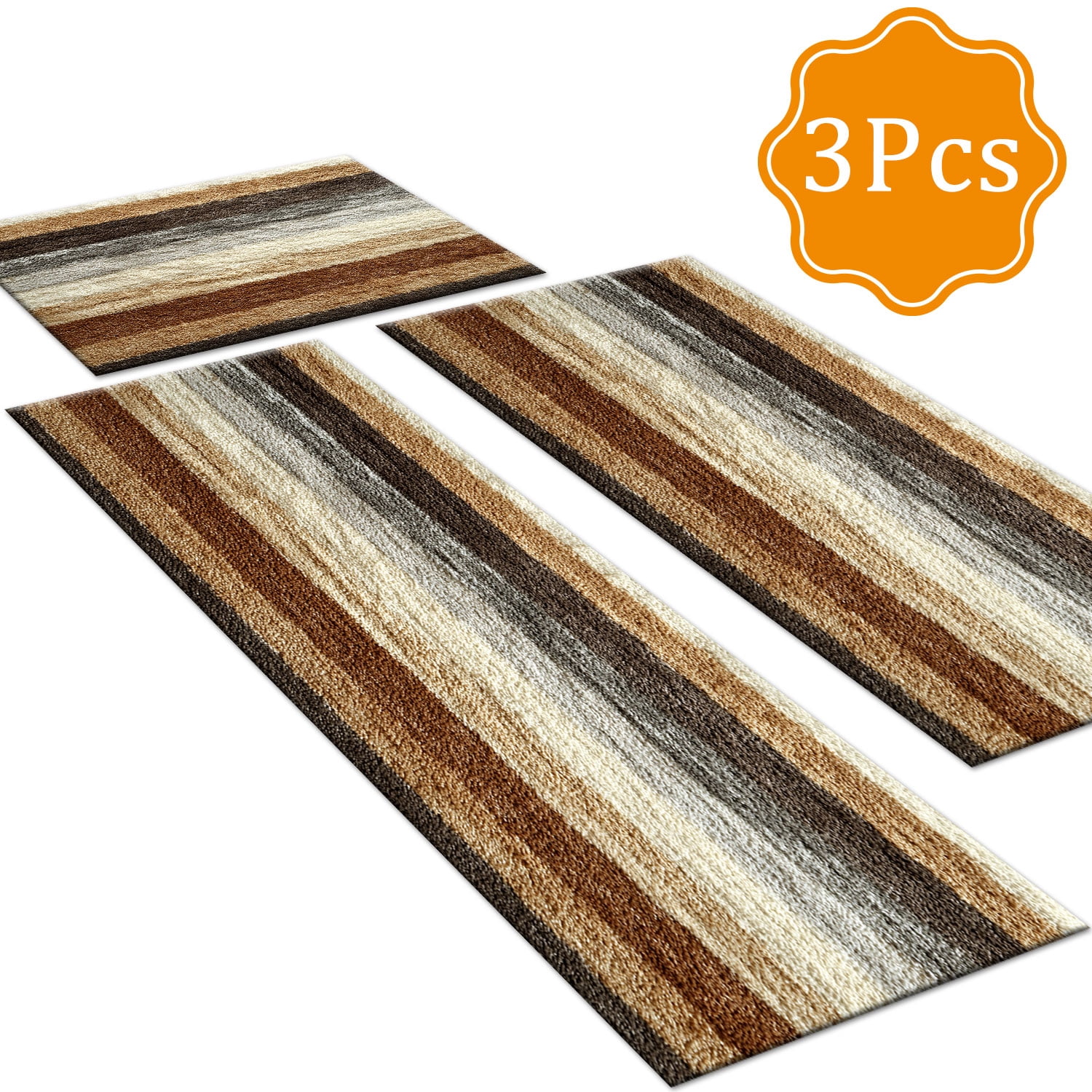 3-Piece Farmhouse Kitchen Rug Set, Washable Anti Slip Striped Floor Mats in 3 Sizes, Stain Resistant Decor Rugs for Kitchen Hallway Bathroom Home Christmas Decor