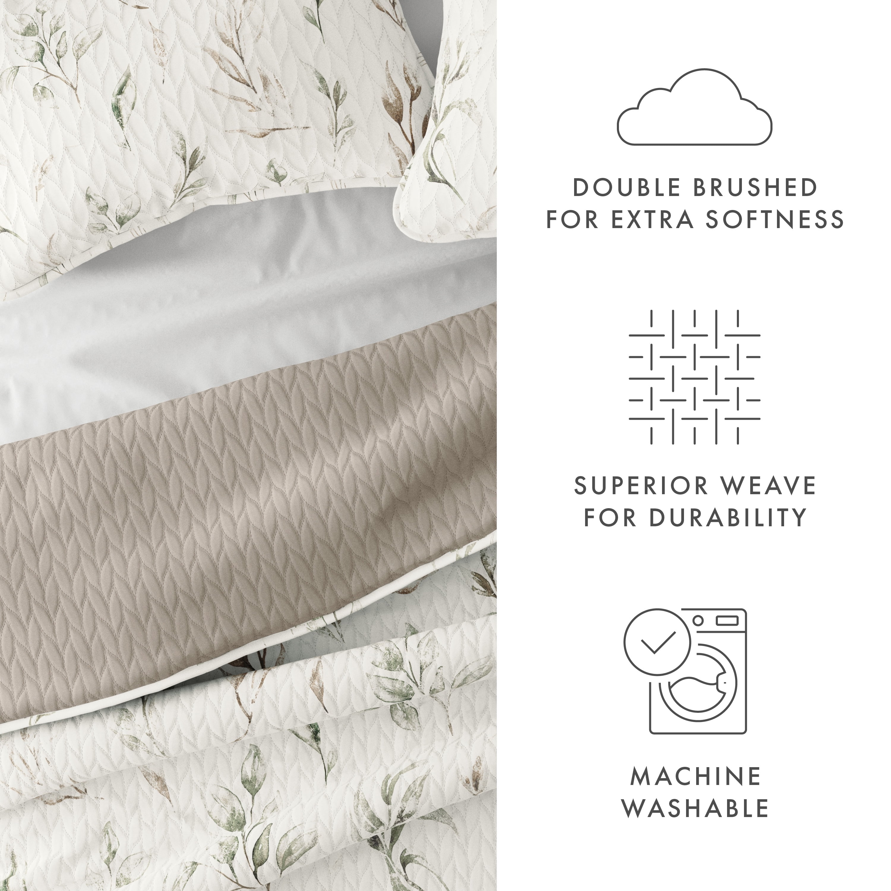 Noble Linens Latte 3 Piece Watercolor Leaves/Stripe Reversible Microfiber Quilt Set, King / CalKing