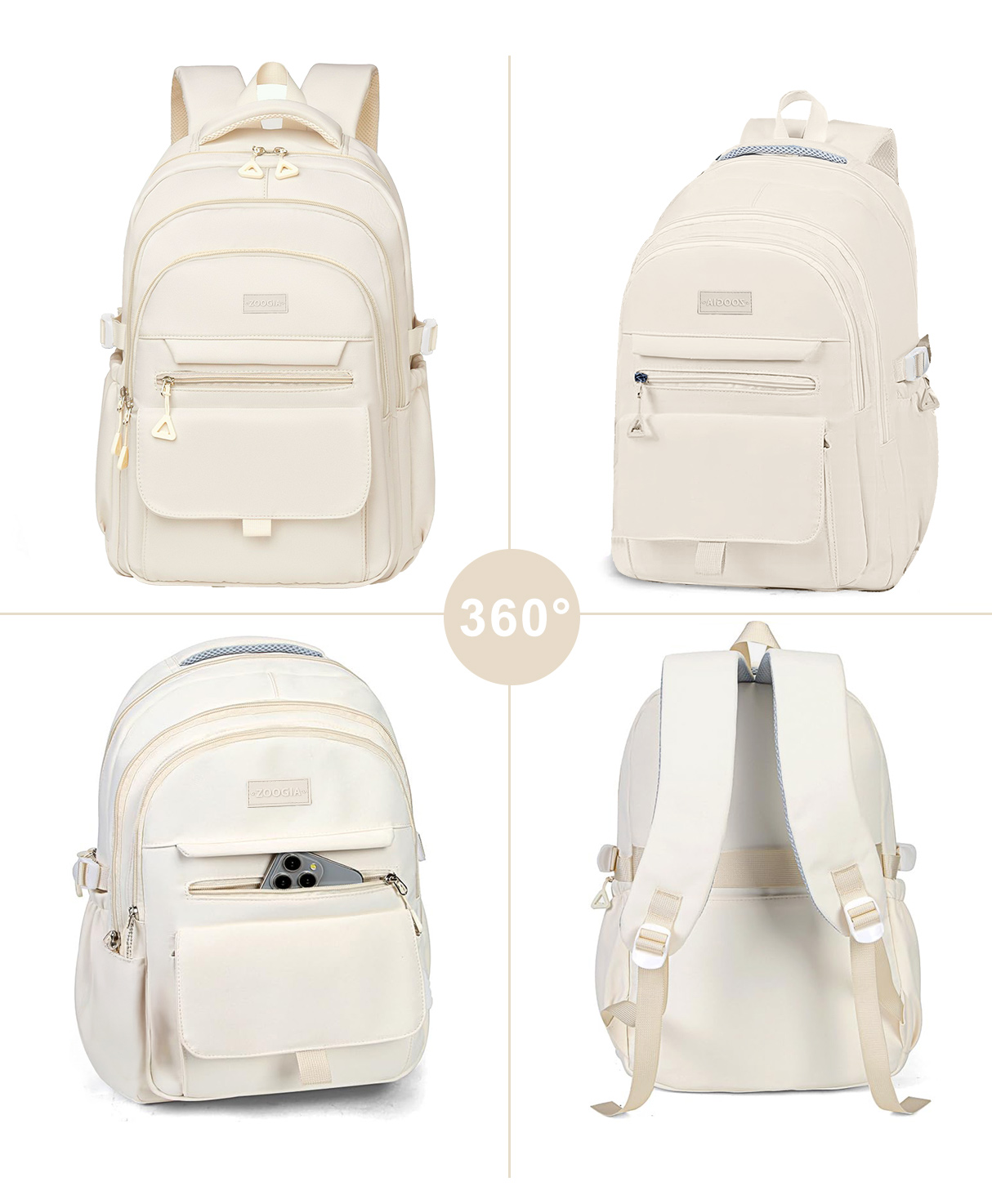 Mochila escolar DAKIMOE para universidad, preparatoria y secundaria, bolso estudiantil moderno, morral lindo y estético para adolescentes y mujeres, beige 6