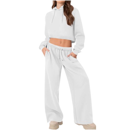 sususu Lounge Sets Sets for Women Women s Casual Hooded Tracksuit Set Winter Warm Short Sleeve Top with Long Pants Two Piece Loungewear Outfit Comfortable Jogger Suit for Daily Wear - White