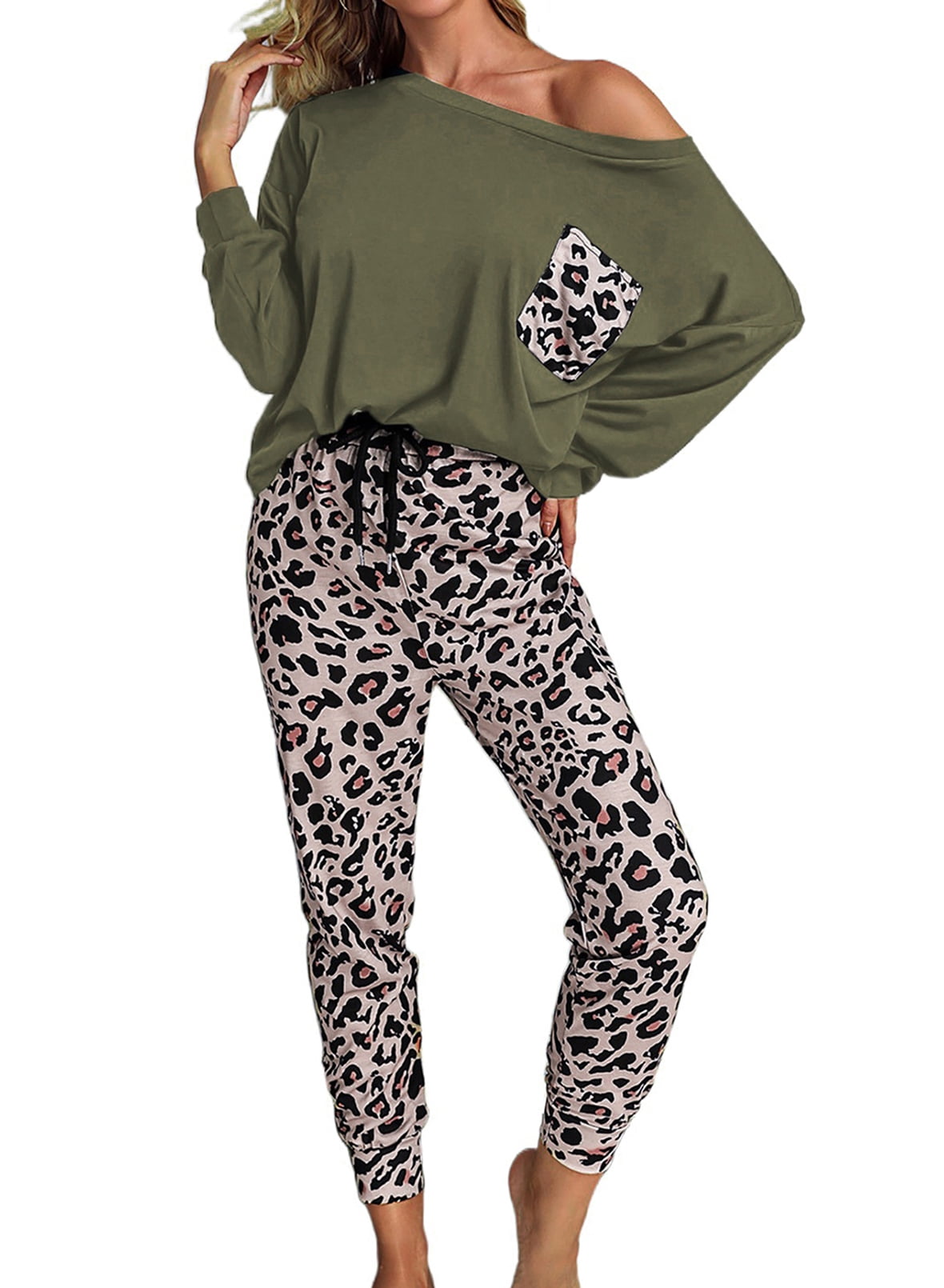 women's cozy pajama set long sleeve top and print leggings