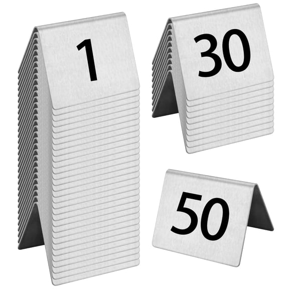 50 Pcs Stainless Steel Table Number Holders, Black Printed Table Numbers, Triangular Design for Wedding, Party, Restaurant, and Event Decor, Reusable and Easy to Clean