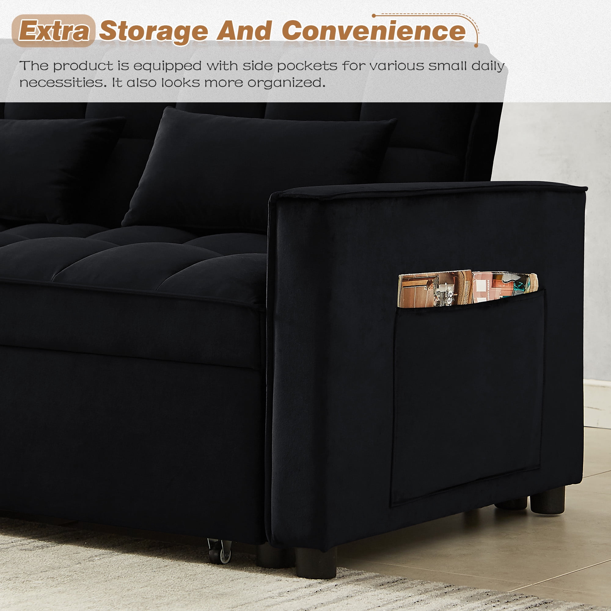Dinosisco 3 in 1 Convertible Pull Out Sofa Bed, 55" Velvet Sleeper Loveseat, Black