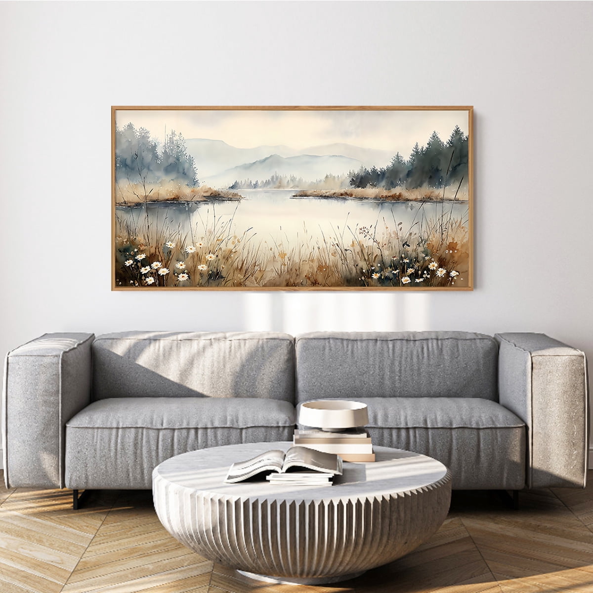Nature Landscape Wall Art Wilderness Wall Decor Framed Forest Canvas Artwork Misty Mountain Lake Scenery Wall Painting for Living Room Farmhouse Bedroom 20X40 In