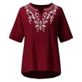 thumbnail image 4 of Penkiiy Women Cotton Linen Embroidered Tops Causal Summer Short Sleeve Oversized T Shirts V Neck Loose Blouses S Wine, 4 of 4