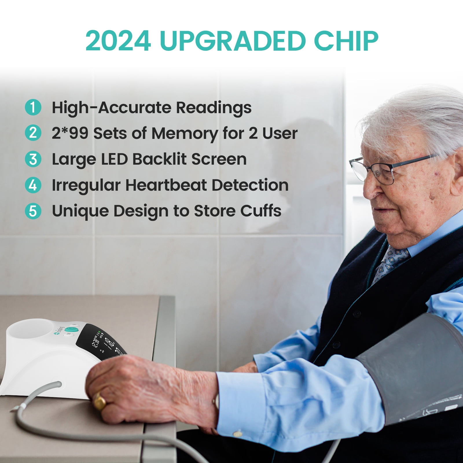 Automatic Upper Arm Blood Pressure Monitor - Dual User Mode & Cuff Storage，Large LED Screen for Home Use