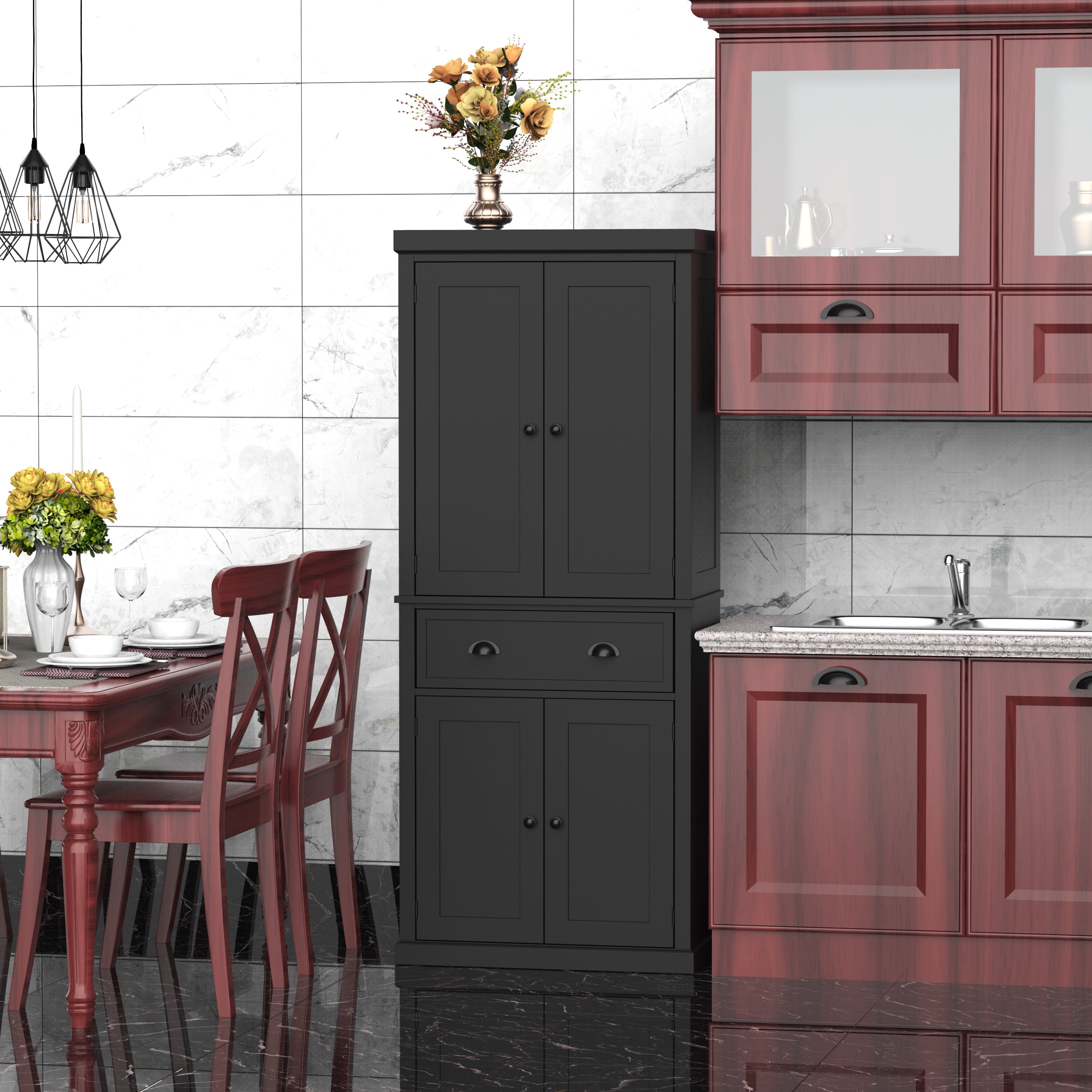 HOMCOM 72.5" Kitchen Pantry Cabinet, Traditional Freestanding Storage Cabinet with 4 Doors, Drawer and 3 Adjustable Shelves for Dining Room, Black