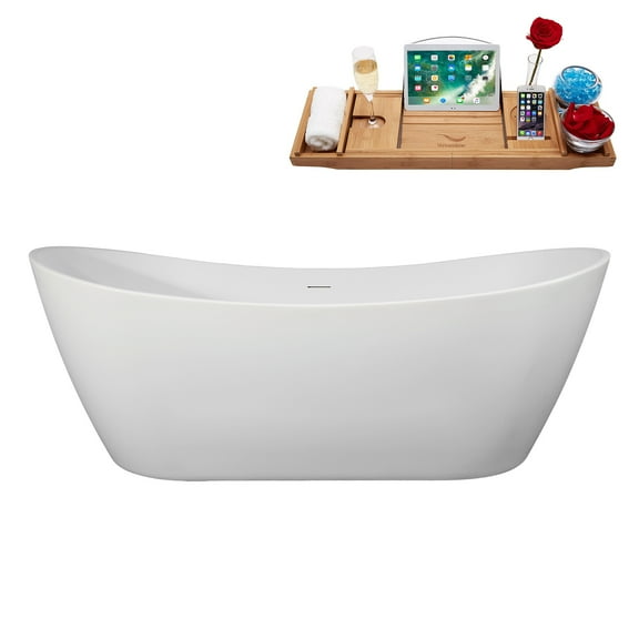 75" Streamline B-480-214-PBR Soaking Matte White Freestanding Tub and Tray With Internal Drain in Polished Brass