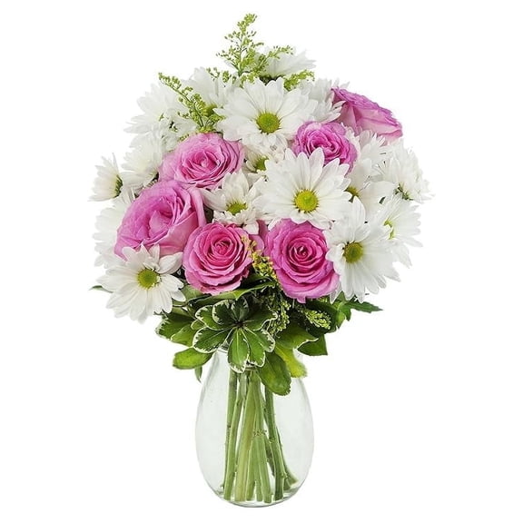 KaBloom : 8 White Daisy Poms, 6 Pink Roses, 3 Yellow Solidago Asters and 3 greens in vase.