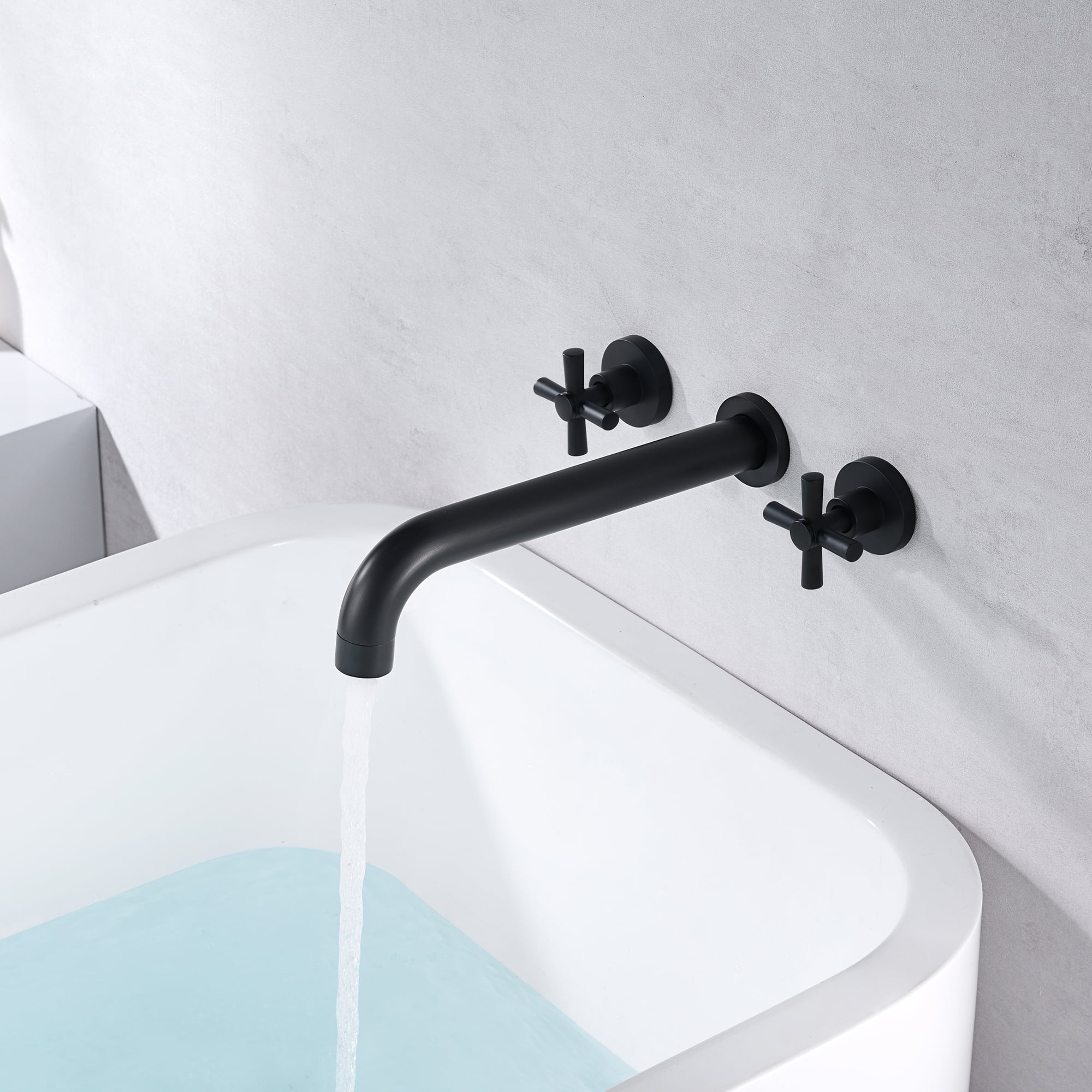 Wall Mount Tub Filler Matte Black Bathtub Faucet High Flow Two Cross Handles with Rough in Valve, Extra Long Spout Sumerain