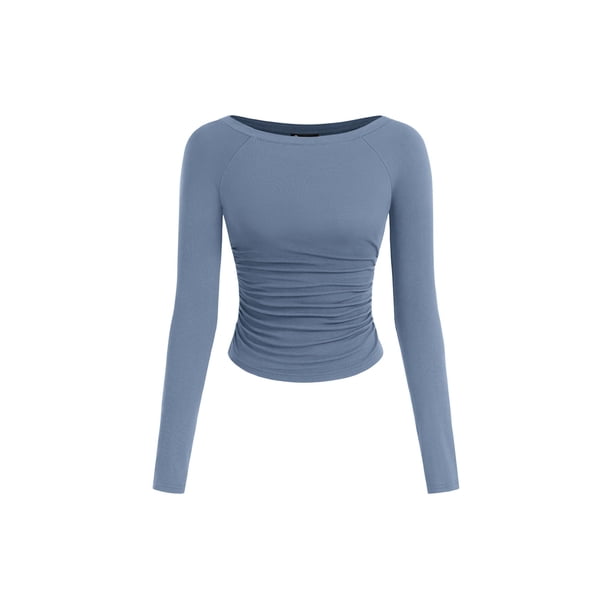 Remera PRETTYGARDEN 2025 Crop Top de Manga Larga Fruncido Azul Gris Talle M