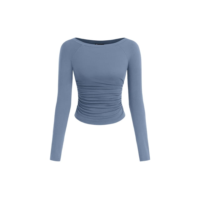Remera PRETTYGARDEN 2025 Crop Top de Manga Larga Fruncido Azul Gris Talle M