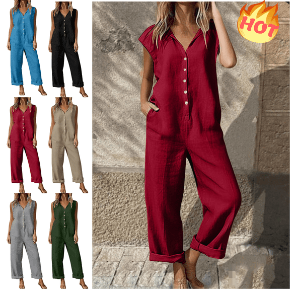 Mifsaly Cotton Linen Jumpsuit Women Cap Sleeve Wide Leg Overalls Button Front Comfortable Summer Jumpsuits with Pockets M
