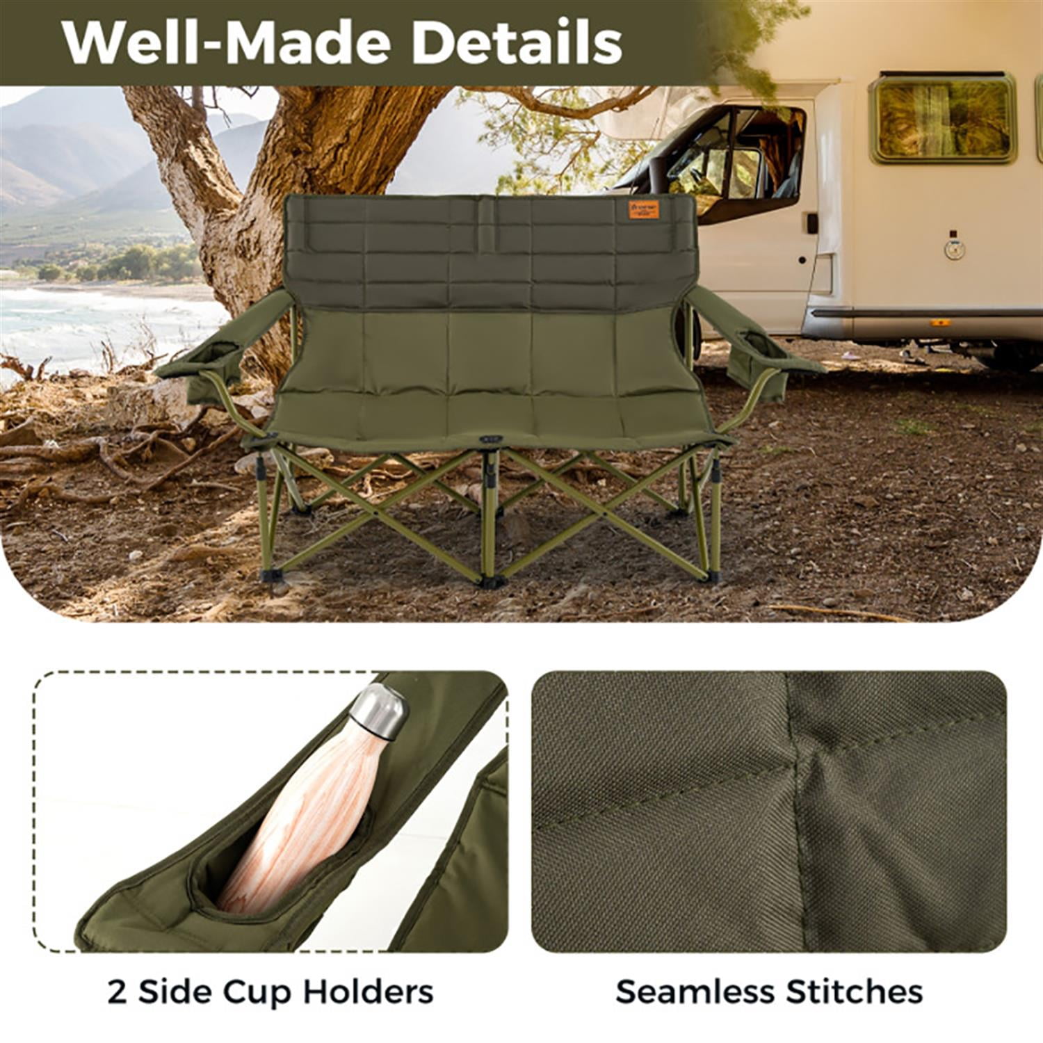 Demi Bonn Outdoor Oversized Camping Chair with Cup Holders and Thick Padding, Folding Loveseat Camping Couch for Yard, Garden, Patio, Green