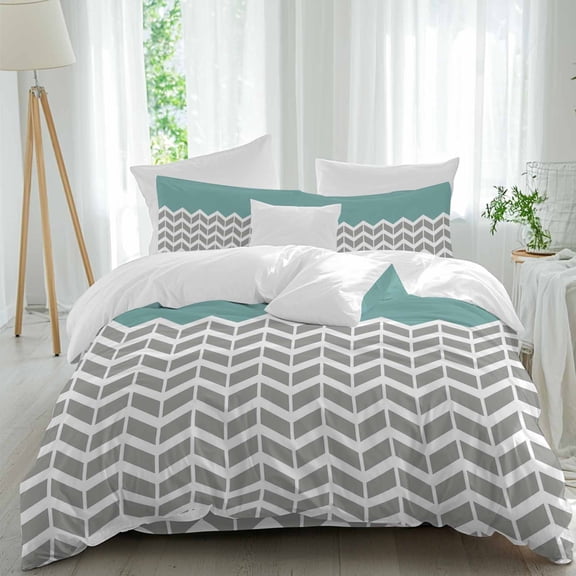 Teal Grey Duvet Cover Set Twin Size, Herringbone 4 Piece Soft Microfiber Bedding Set with 1 Duvet Cover, 1 Flat Sheet, 2 Pillowcases