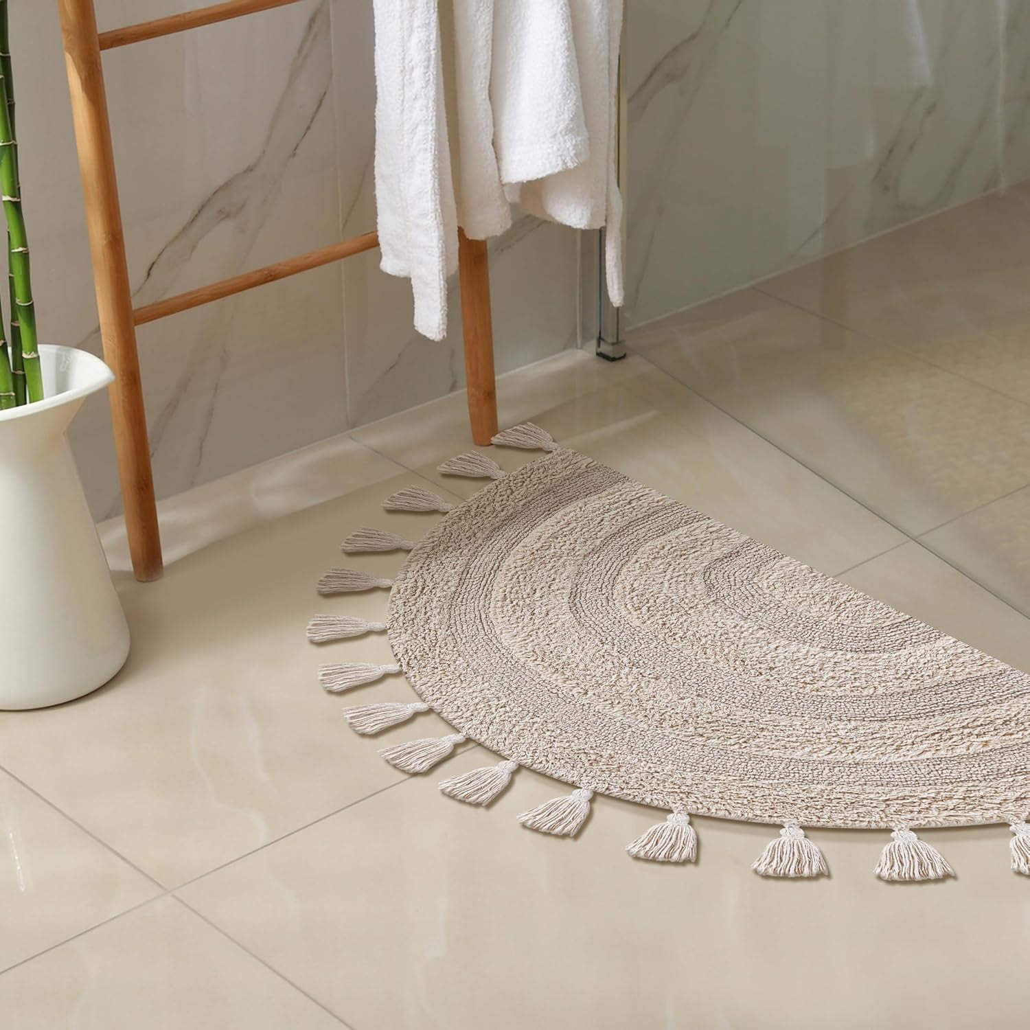 Savi Home Cotton Half Circle Bath Mat with Anti-Skid Backing, Beige, 22" x 36"