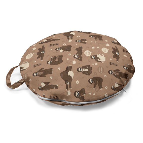 Funny Sloth Round Floor Cushion with Handle, Morning Coffee Hugging Lazy Animal Various Postures Animal, Decorative Pillow for Living Room & Dorms, 18" Round, Umber Beige Warm Taupe, by Ambesonne
