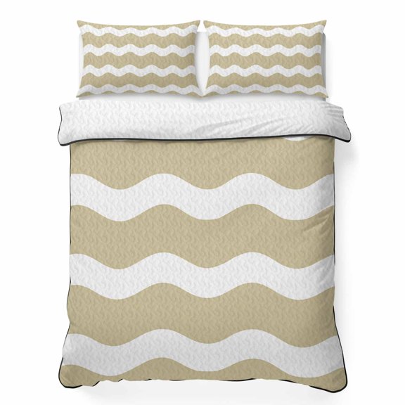 Light Brown 3 Piece Quilt Bedding Set with 2 Pillow Shams, Sea Wave Ripple Stripe Lightweight Bedspread Coverlet, Soft Breathable All Season Quilt, 68 x 98 Inch