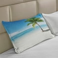 thumbnail image 2 of Landscape Knitted Quilt Pillowcover, Caribbean Maldives Beach Island Sea Ocean Palm Trees Art Print, Standard King Size Pillow Cover for Bedroom, 30" x 20", Sky Blue Green and White, by Ambesonne, 2 of 2