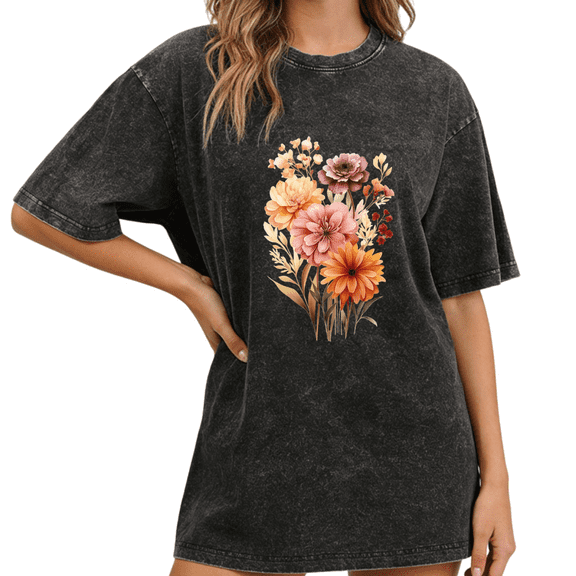 Black Wash Print Tshirt Graphic Tees Shirts Floral Bouquet Fall Outdoor Casual Comfort Wear S-2XL Tops