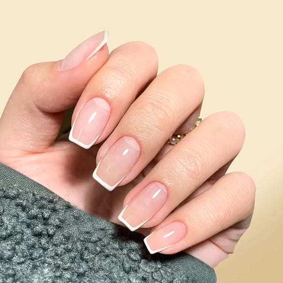 24Pcs Square Press on Nails Medium French Tip Nails White Pink Nude Nail Acrylic Nails Full Cover Nail Tips Fake Nails with Nail Glue