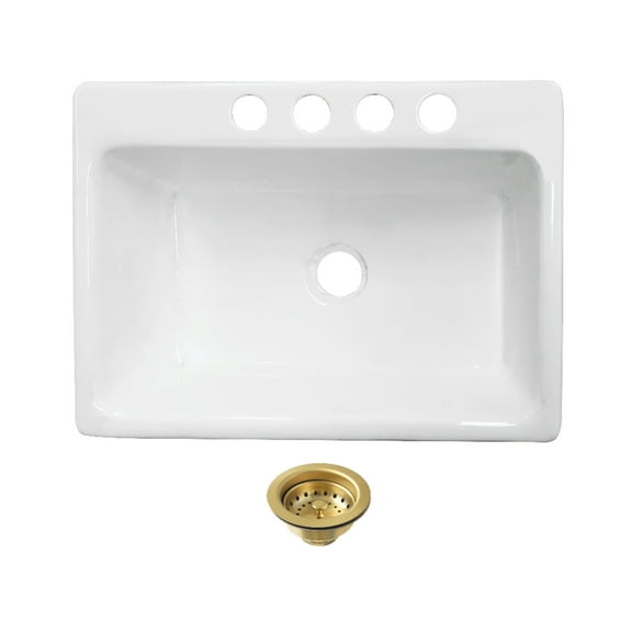 Kingston Brass KGCKUS3622117 Towne 36-Inch Cast Iron Single Bowl Undermount Kitchen Sink (4-Hole) with Strainer in White/Brushed Brass