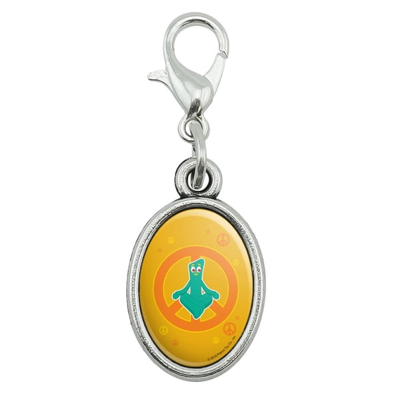 Meditating Gumby with Peace Sign Antiqued Bracelet Pendant Zipper Pull Oval Charm with Lobster Clasp