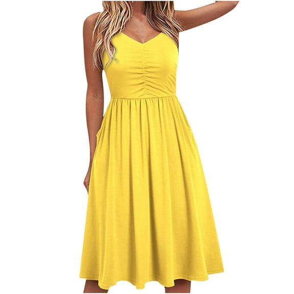 YODETEY Summer Dresses Women Summer Seaside Sling Sleeveless V-Neck Solid Color Casual Dress