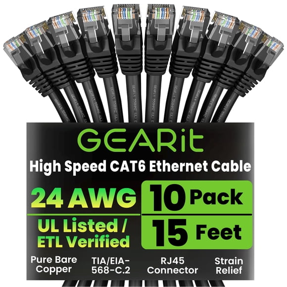 GearIT 10 Pack, Cat 6 Ethernet Cable Cat6 Snagless Patch 15 Feet - Computer LAN Network Cord, Black - Compatible with 10 Port Switch POE 10port Gigab