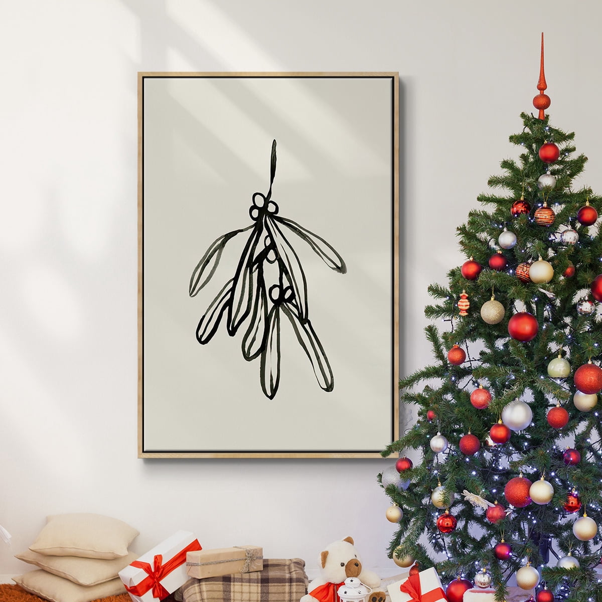 Mistletoe Sketch II - Framed Gallery Wrapped Holiday Canvas - 17 x 25 - Natural Wood Frame