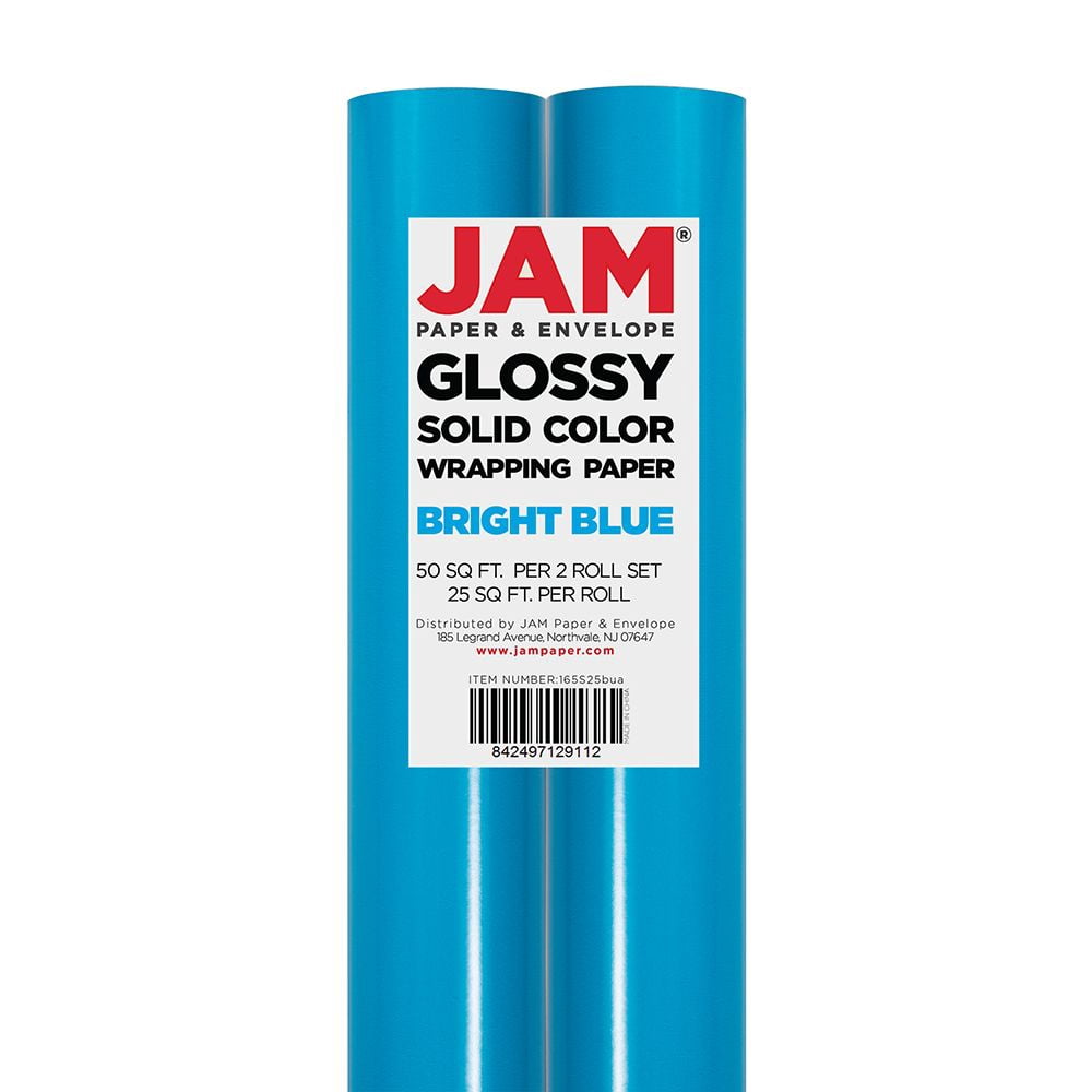 JAM Paper Bright Blue Glossy Wrapping Paper, All Occasion, 25 Sq. ft, 2 per Pack