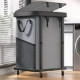 thumbnail image 2 of 150L (40 Gal) Large Fashion Laundry Basket with Wheels, Leather Patchwork Rolling Hamper Carts, Sturdy Metal Frame, Removable Washable Bag, Tall Clothes Sorter for Bedroom, Laundry Room - Beige, 2 of 8