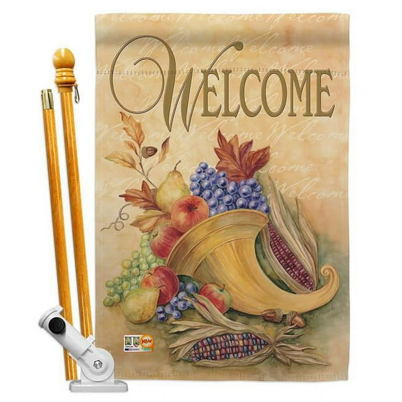 Breeze Decor BD-HA-HS-113042-IP-BO-D-US12-AM 28 x 40 in. Autumn Cornucopia Fall Harvest & Impressions Decorative Vertical Double Sided House Flag Set with Pole Bracket Hardware
